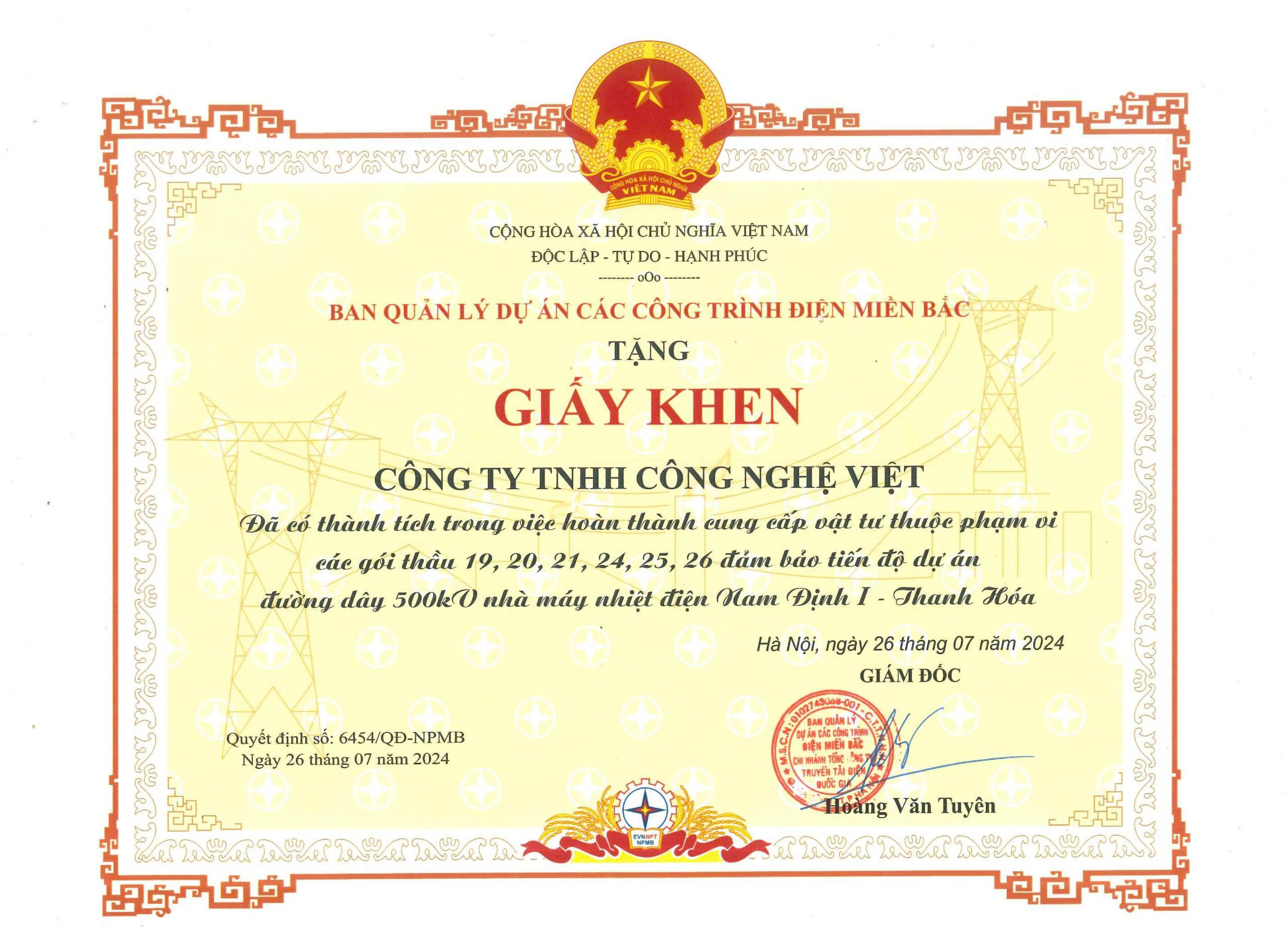 Công ty TNHH Công nghệ Việt vinh dự được nhận Giấy khen khi hoàn thành 06 gói thầu cung cấp cột thuộc dự án Đường dây 500kV mạch 3